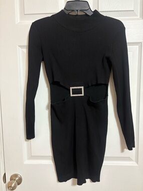 Black Long-Sleeve Cutout Knit Dress with Rhinestone Buckle
